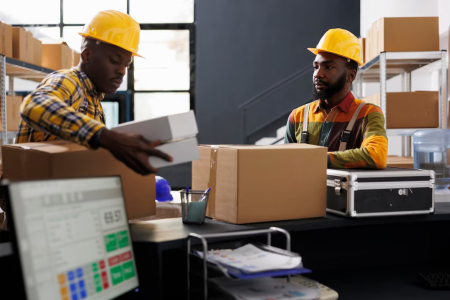 Employés de l'entrepôt mettant des boîtes sur le bureau prêtes à être expédiées