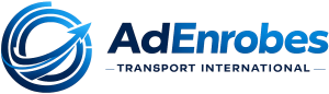 Logo de l'entreprise AdEnrobes composé d'un emblème circulaire bleu à gauche, figurant une flèche ascendante stylisée évoquant le mouvement et la logistique.
